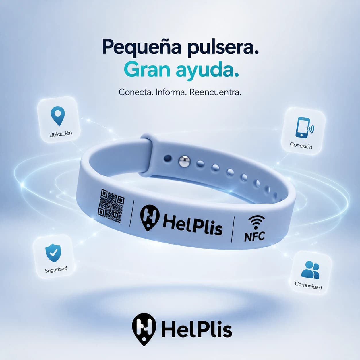 Pulsera HelPlis con QR, logo y NFC